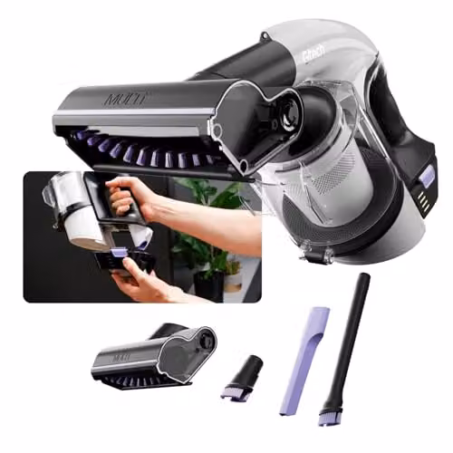 Gtech Multi Platinum Cordless Lightweight Handheld Vacuum Cleaner in White and Purple with Rechargeable Battery and LED Headlight