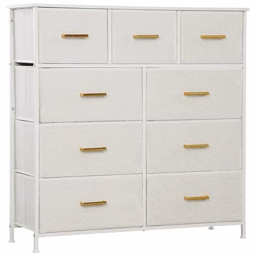 HOMCOM Modern Chest of Drawers with 9 Fabric Drawers and Metal Frame in White and Gold – 1