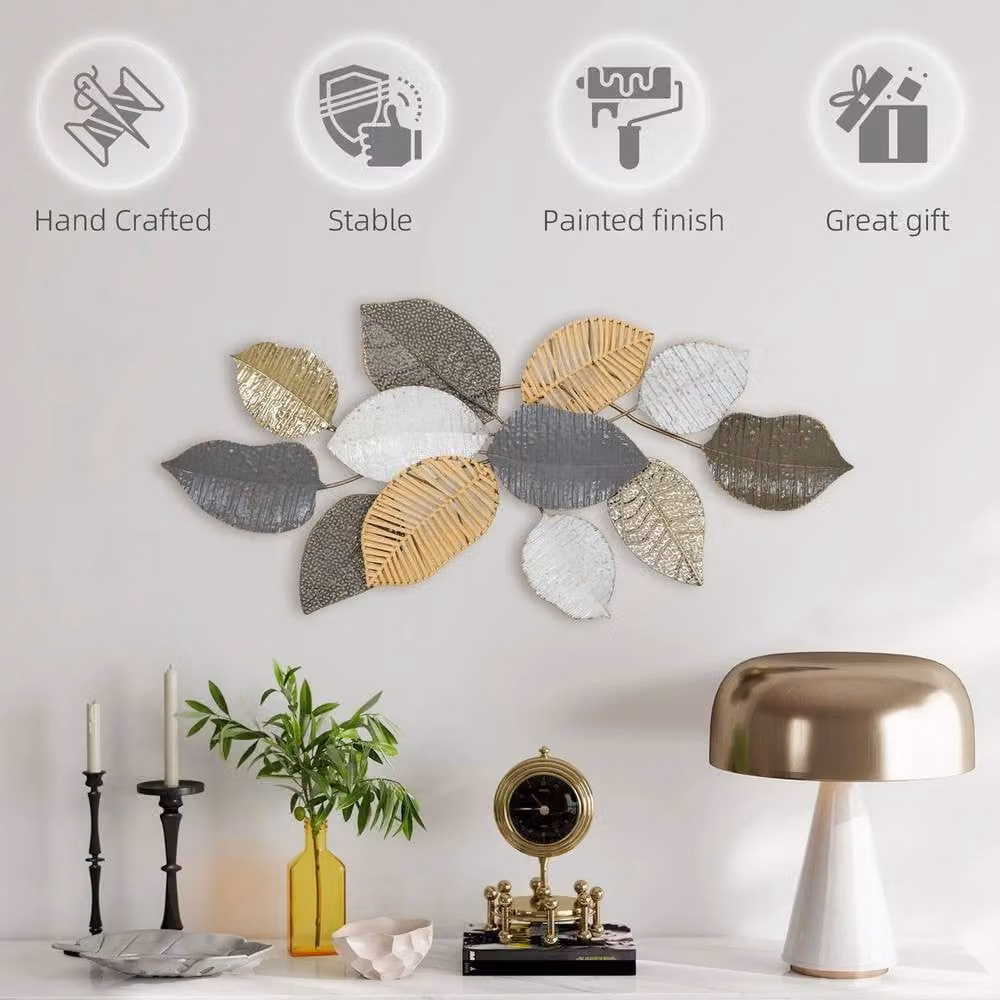 NESTLUNE Modern Metal Floral Wall Art with Botanical Leaf Design in Gold, White and Multicolour, W: 100 cm, H: 15 cm, D: 15 cm – 2