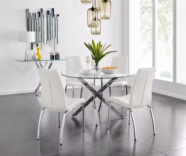 FurnitureboxUK Novara Round Glass and Chrome Dining Table with 4 White Isco Chairs Set, Diameter: 120 cm