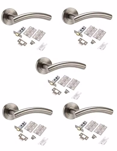 Golden Grace Arched T-Bar Door Handle Sets in Gold and Silver Stainless Steel with Latches, Hinges and Screws