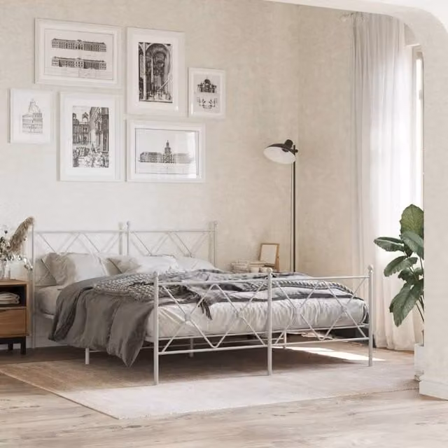 Berkfield Home Metal Bed Frame with Footboard in White, 150 x 200 cm