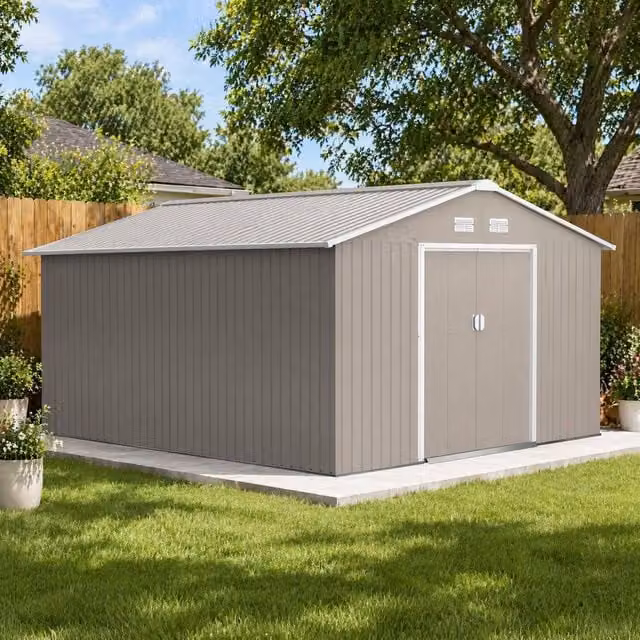 STILVORA Grey Galvanised Steel Garden Shed with Sliding Doors and Ventilation, W: 332.0 cm, D: 200.0 cm, H: 138.0 cm