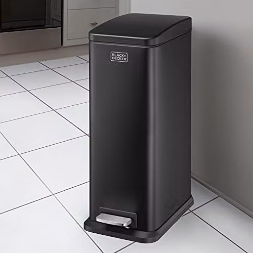 BLACK+DECKER BXBN0008E 20L Slimline Pedal Bin in Black and Silver with Soft Close Lid and Removable Inner Bucket, H 56 cm x W 22 cm x D 36 cm – 1