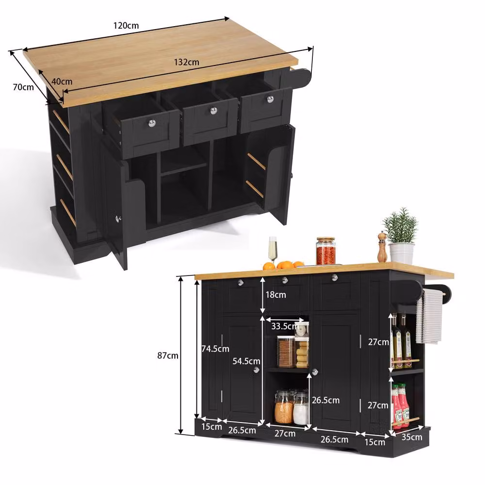 BTM Black Rustic Kitchen Island on Wheels with Dropleaf, Spice Rack and Charging Station – 8