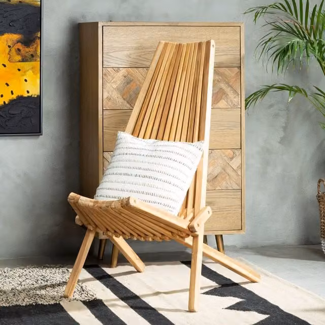 Orsina Scandinavian Lounge Chair with Armrests in Brown and Beige Wicker and Solid Wood Frame, H 104 x W 60 x D 60 cm – 1