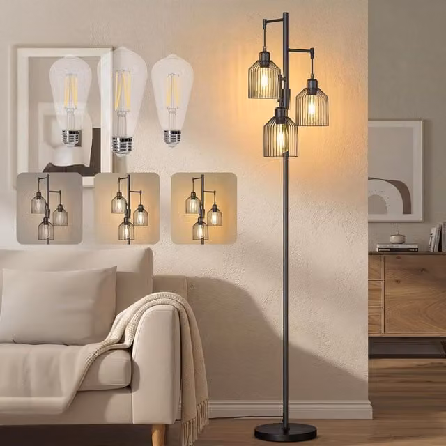 VASAGLE Industrial Floor Lamp with 3 Dimmable LED Bulbs and Metal Shades, Black