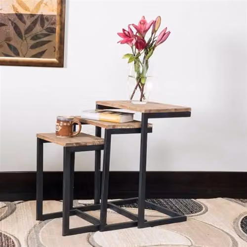 FWStyle Nest of 3 Metal Nesting Tables with Wood Effect Tops and Black Frame – 5