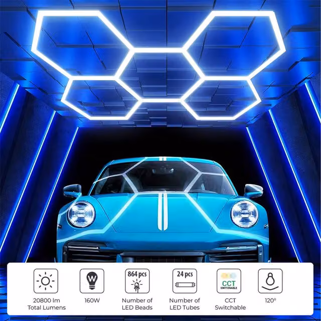 ENERJ 160W Car Showroom Lights with 5 Hexagon Design and CCT Switchable Function in White
