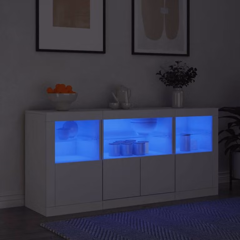 Berkfield Home Modern Glossy White Sideboard with Integrated LED Lights W/D/H: 142.5 x 37 x 67 cm