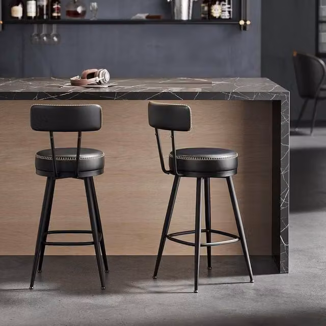 The Bazaarist Set of 2 Modern Swivel Bar Stools in Black PU Leather