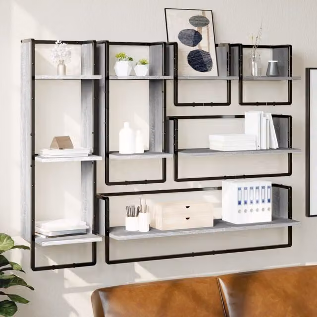Berkfield Home 6 Piece Grey Sonoma Wall Mounted Shelf Set with Hanging Rods – 1
