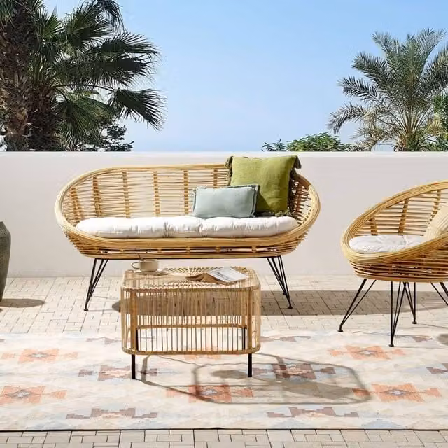 Wyld and Coco 3-Seater Rattan and Metal Sofa Set with Coffee Table in Beige and Sand – 1