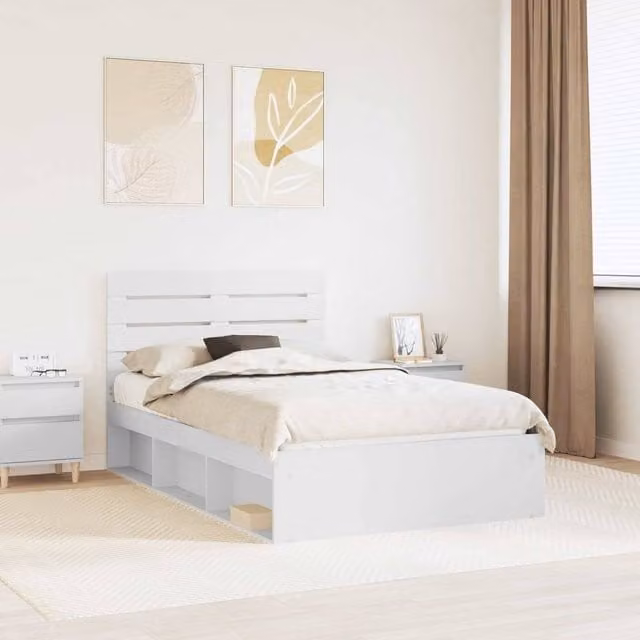 Berkfield Home White Solid Pine Wood Bed Frame with Headboard W/D/H: 120 x 200 cm