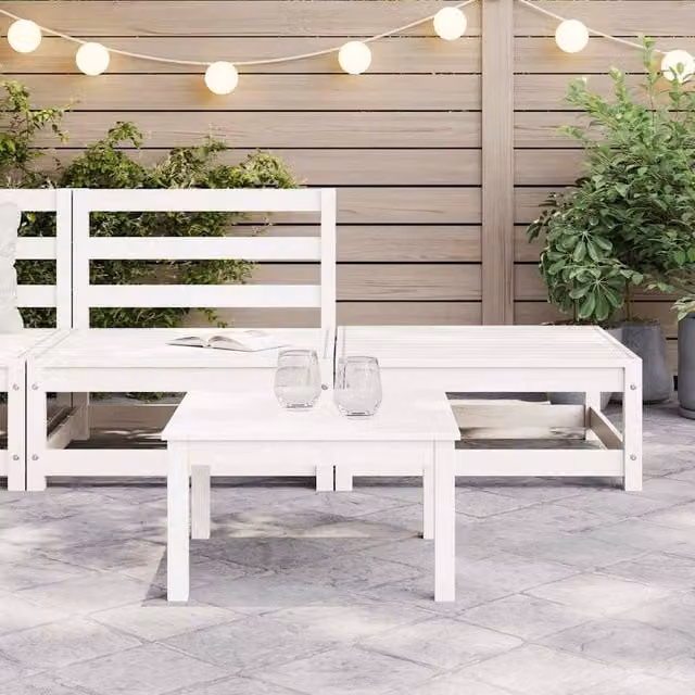Berkfield Home 2 Piece White Solid Pinewood Garden Lounge Set with Ottoman and Coffee Table