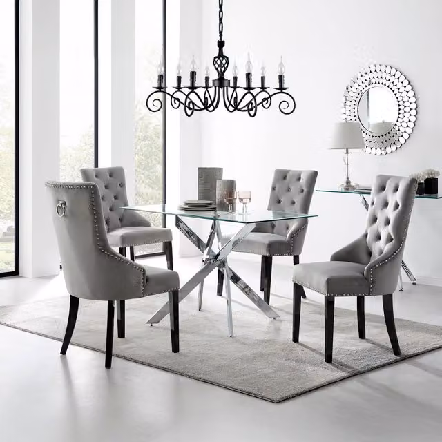 FurnitureboxUK Leonardo 4-Person Dining Set with Grey Glass Table and 4 Black Belgravia Chairs, W/D/H: 120 x 70 x 75 cm