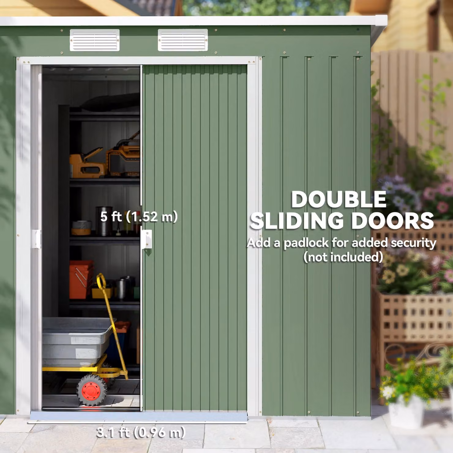 OUTSUNNY Green Metal Pent Garden Storage Shed with Double Doors – 5