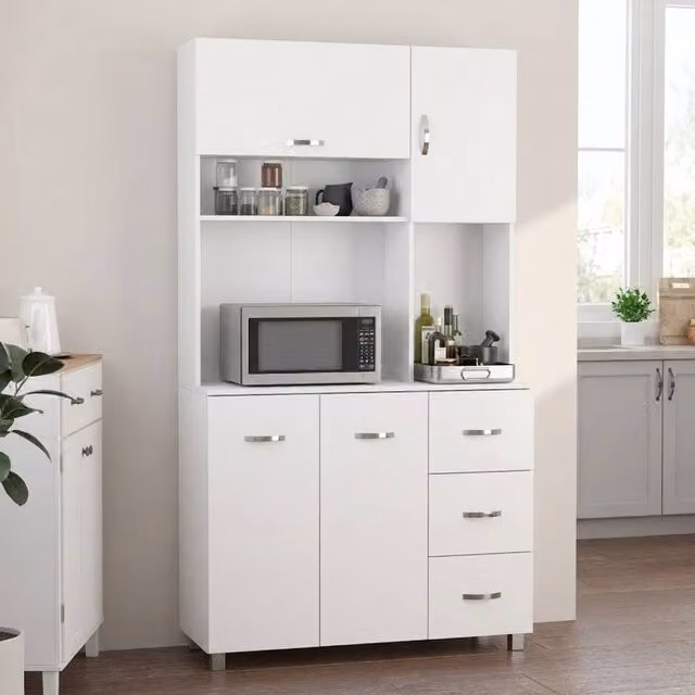 STILVORA Tall Kitchen Storage Cabinet in White with Drawers and Shelves