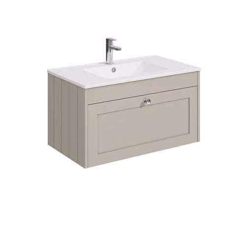 Balterley Wall Hung Vanity Unit with Rectangular Basin and Single Soft Close Drawer, Pebble Grey, W: 80 cm, D: 45.3 cm, H: 43.1 cm