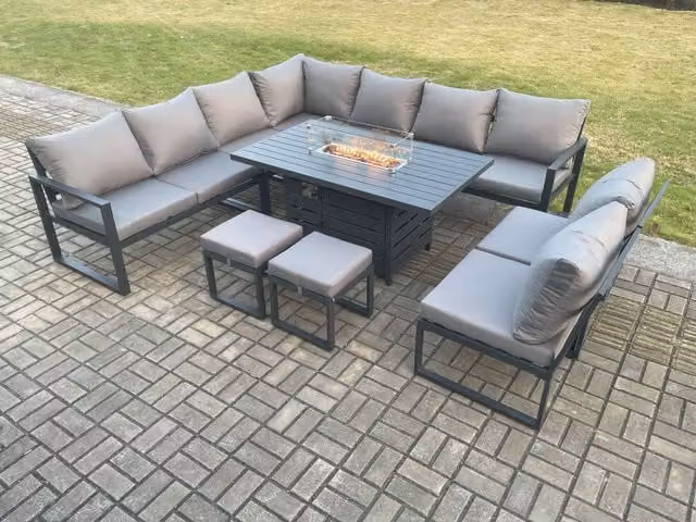 Fimous 11 Seater Aluminium Outdoor Garden Furniture Set with Gas Fire Pit Dining Table and Footstools in Dark Grey