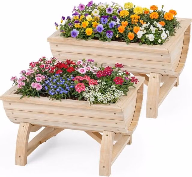 Set of 2 COSTWAY Rustic Brown Untreated Wood Raised Garden Beds for Herbs, Vegetables or Ornamental Plants