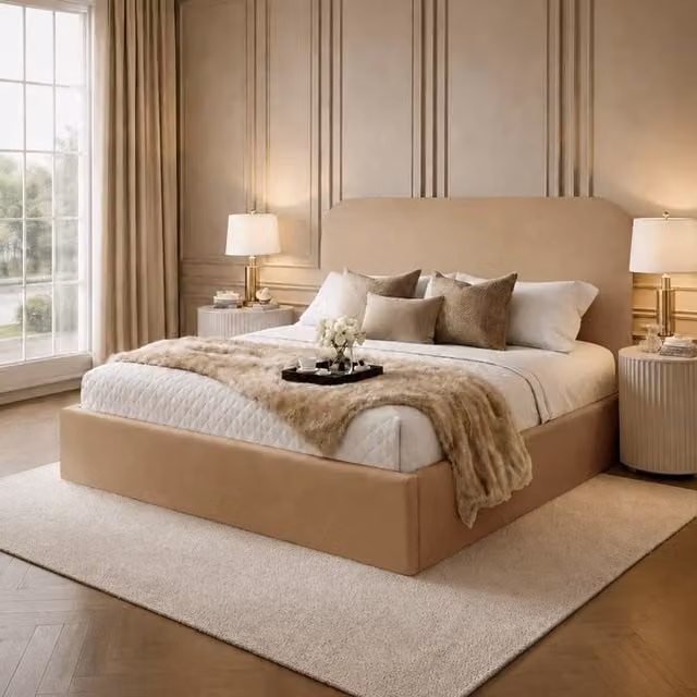 Desire Deco Lucia Upholstered Plush Velvet Panel Bed Frame in Beige, Size: Single (90 x 190 cm)