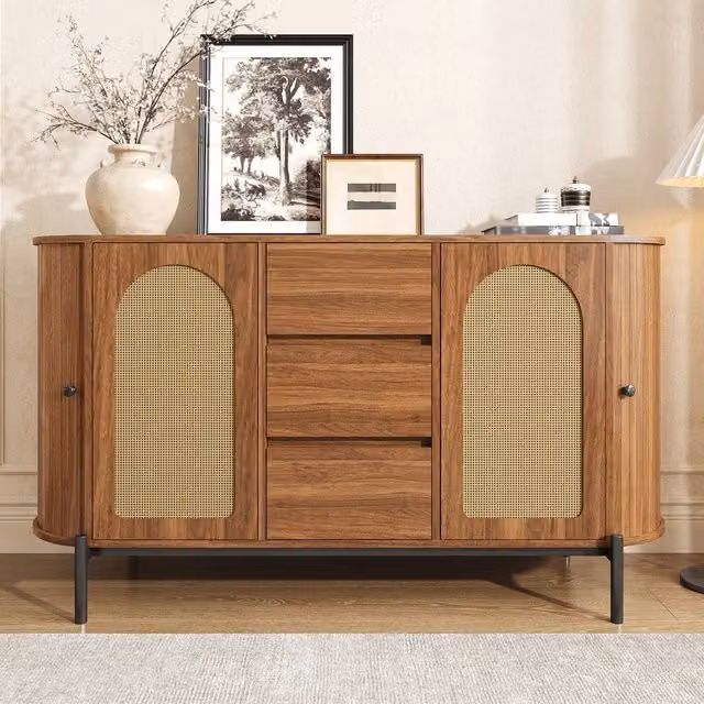 Rolipo Walnut Rattan Sideboard with Sliding Doors, Brown and Black Buffet Cabinet – 1