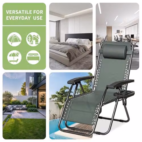MCC Direct Set of 2 Zero Gravity Reclining Sun Loungers with Green Textilene Fabric and Black Powder Coated Steel Frame – 7