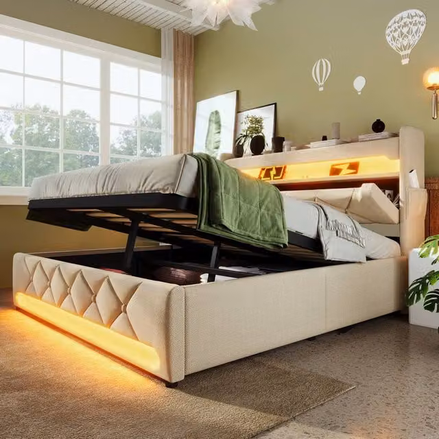 Merax Upholstered Super King Bed in Beige with Hydraulic Storage, LED Lighting and USB Charging Ports, W/D/H: 200 x 161 x 156 cm – 1