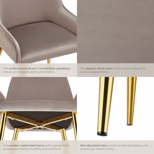 tectake Set of 4 Modern Dining Chairs with Armrests in Taupe Velvet Fabric and Metal Legs – 6