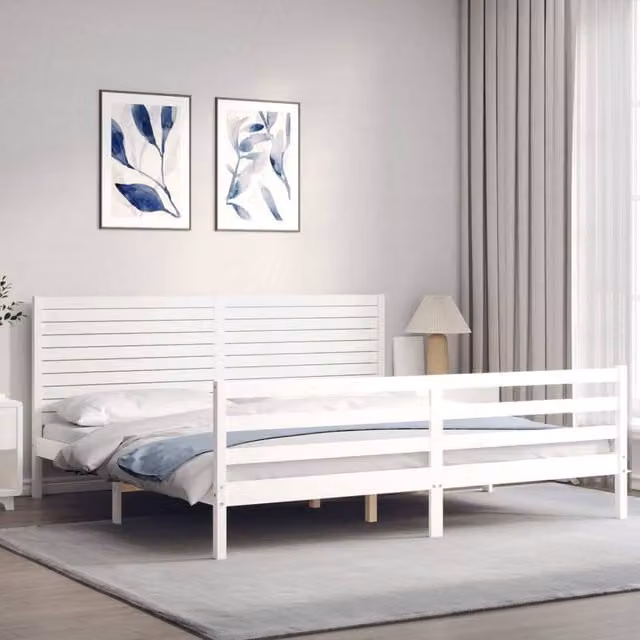 Berkfield Home Beautiful Solid Wood Bed Frame with Headboard, White, Super King Size – 1