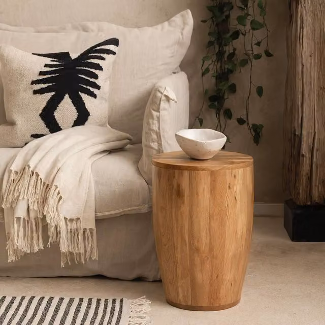 Wyld Haus London Natural Mango Wood Drum Side Table in Brown, H 60.0 cm x W 35.0 cm – 1