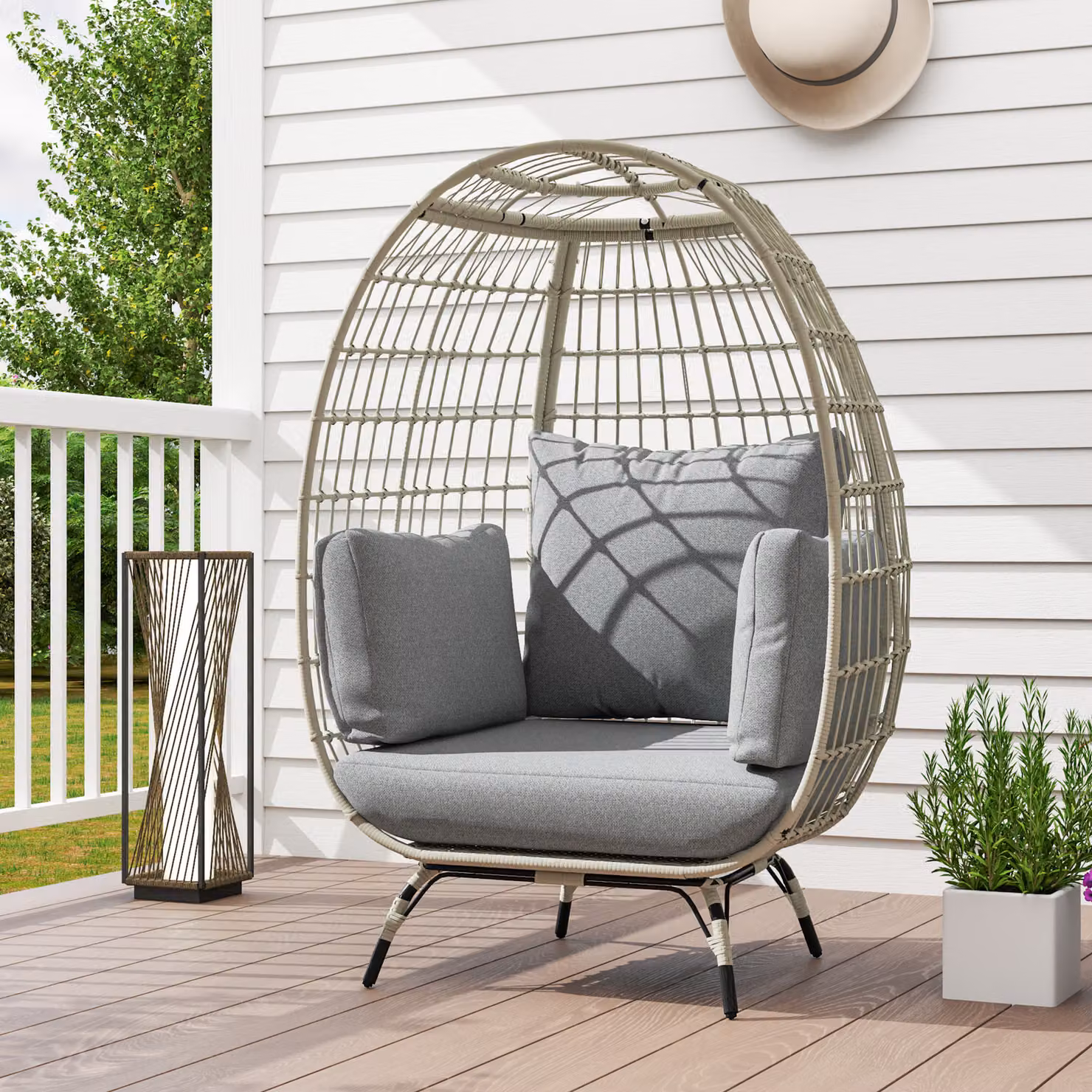 Outsunny Rattan Egg Lounge Chair with Cushions and Armrests, Charcoal Grey – 2