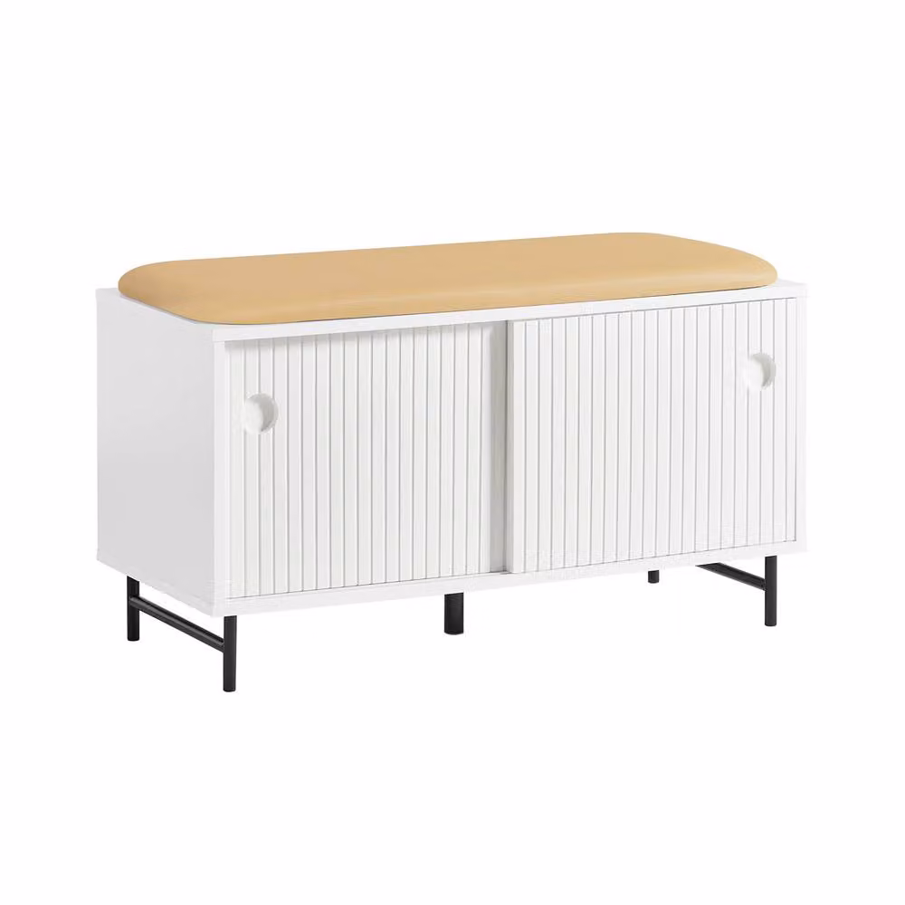 SoBuy Minimalist Hallway Shoe Rack and Entrance Bench with Padded Synthetic Leather Seat and Sliding Doors in White and Beige – 2