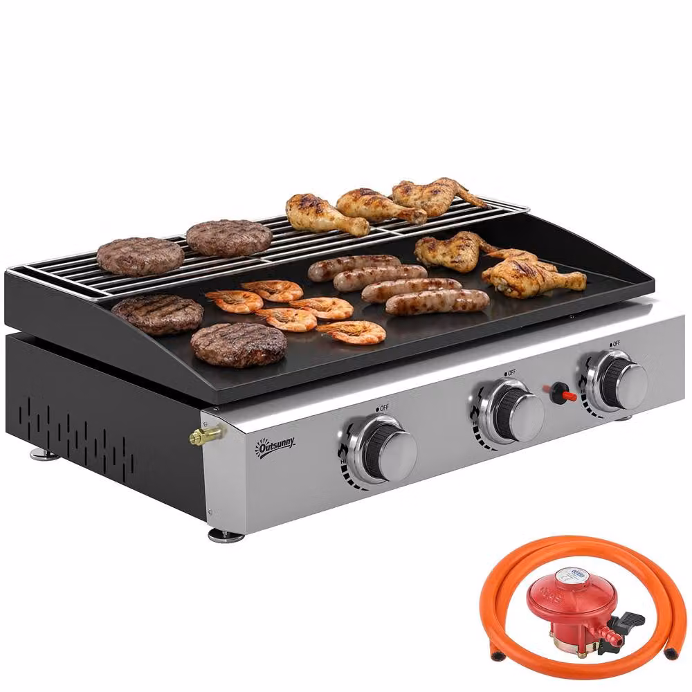 OUTSUNNY 3 Burner Tabletop Gas BBQ Grill Griddle with Warming Rack, Black – 2