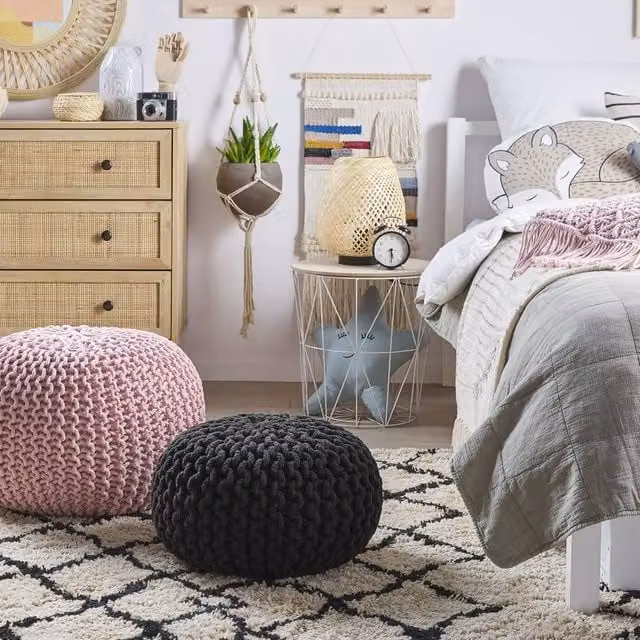 Wyld and Coco Black Knitted Cotton Pouffe, Diameter: 40 cm, Height: 25 cm