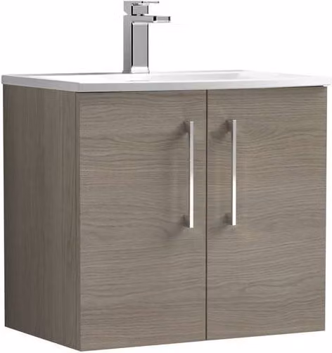 Balterley Modern Wall Hung 2-Door Bathroom Vanity Basin in Solace Oak Brown, Width: 60 cm