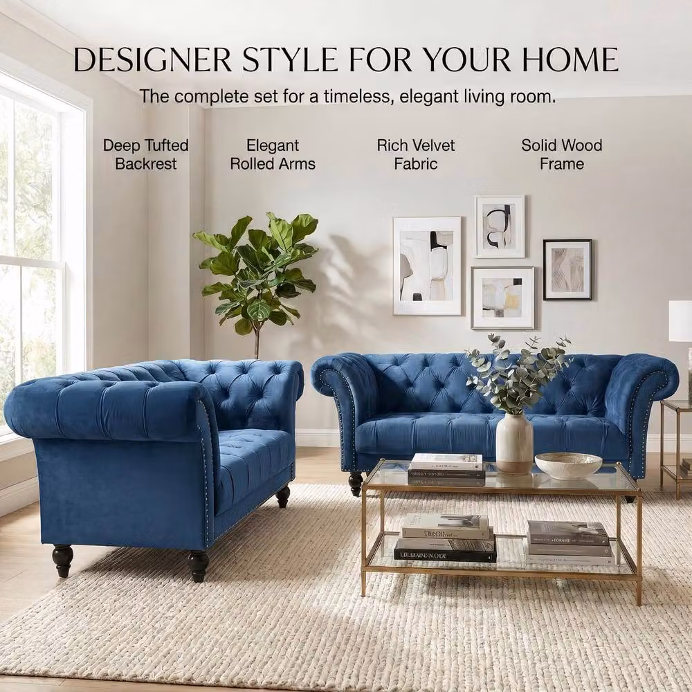 Bravich LTD Chesterfield 1 Seater Velvet Sofa in Blue with Buttoned Back and Rolled Arms – 3