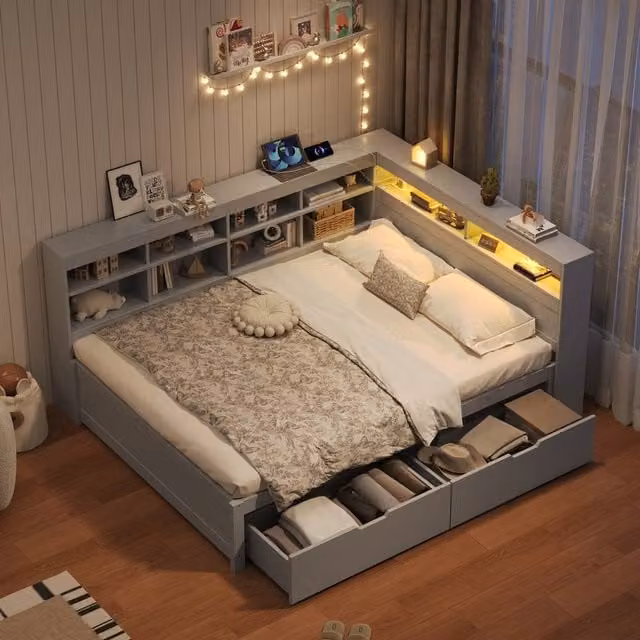 Merax Double Corner Bed Frame in Grey with 2 Drawers, LED Lighting and USB Charging Station, W/D/H: 135 x 190 cm