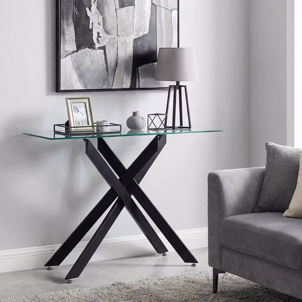 Costway Modern Glass Console Table with Black X-Frame and Clear Tempered Glass Top, Width: 115 cm – 4