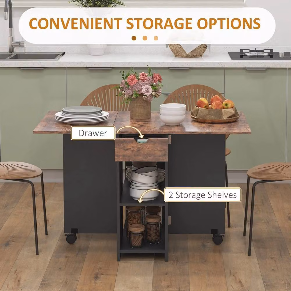 NESTLUNE Foldable Drop Leaf Dining Table with Storage in Rustic Brown – 4