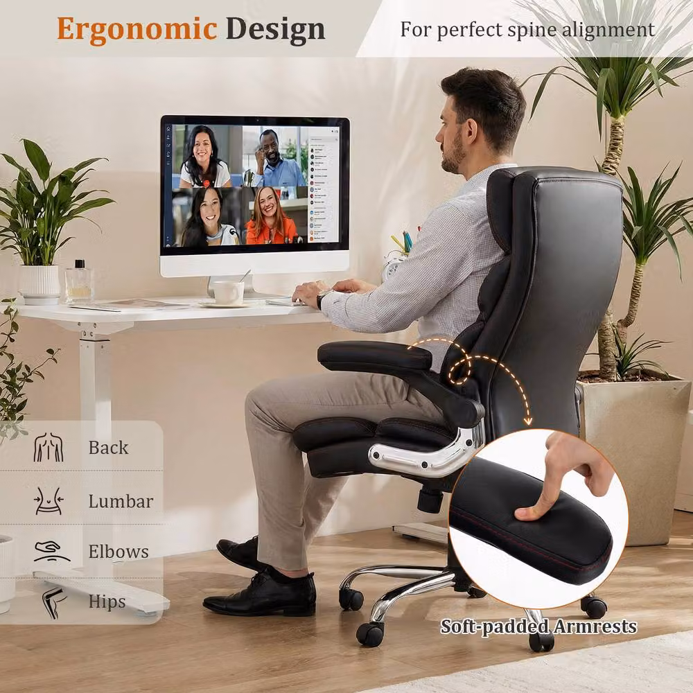 Gymax Ergonomic PU Leather Office Chair in Black with Armrests and 360 Degree Swivel – 8
