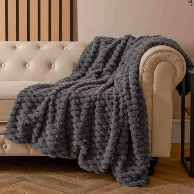 OHS Thick Waffle Faux Fur Soft Fleece Throw Blanket in Grey, W: 160 cm, L: 200 cm