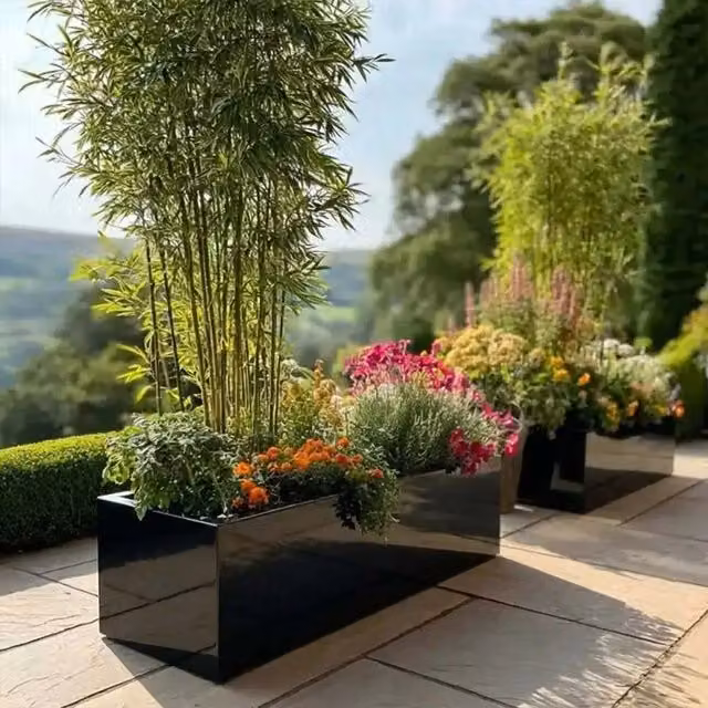 Zinc Galvanised Platinum Black Trough Planter in Glossy Black, W: 120 cm