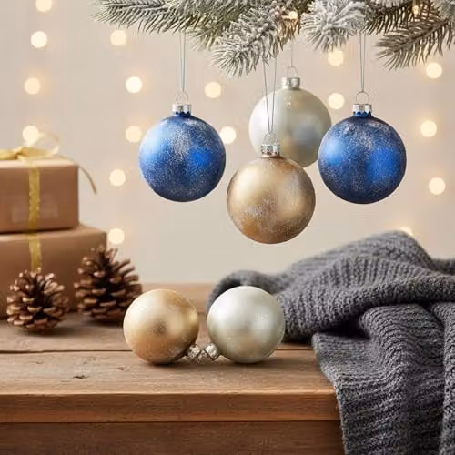Shatchi 12-Piece Set of Classic Geometric Glass Baubles in Blue, Gold and White, Diameter: 8 cm – 7