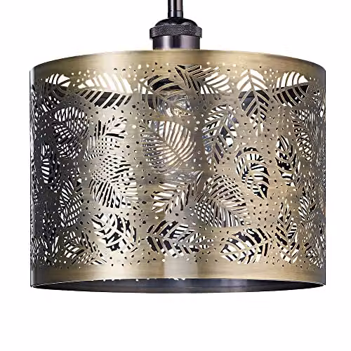 Happy Homewares Metal Pendant Light Shade with Fern Leaf Decoration in Gold/Brass, Diameter: 25 cm
