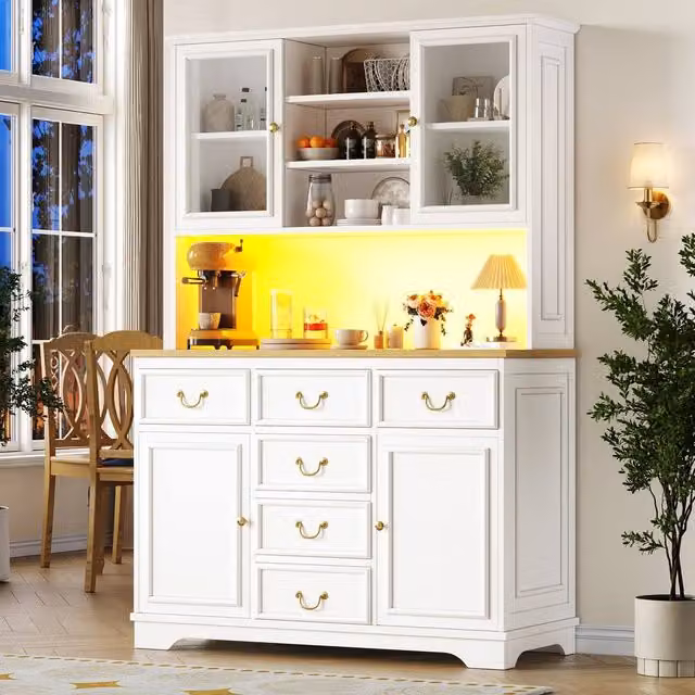 Merax White Kitchen Dresser with LED Lighting and Glass Doors, H 180 x W 118 x D 39.5 cm