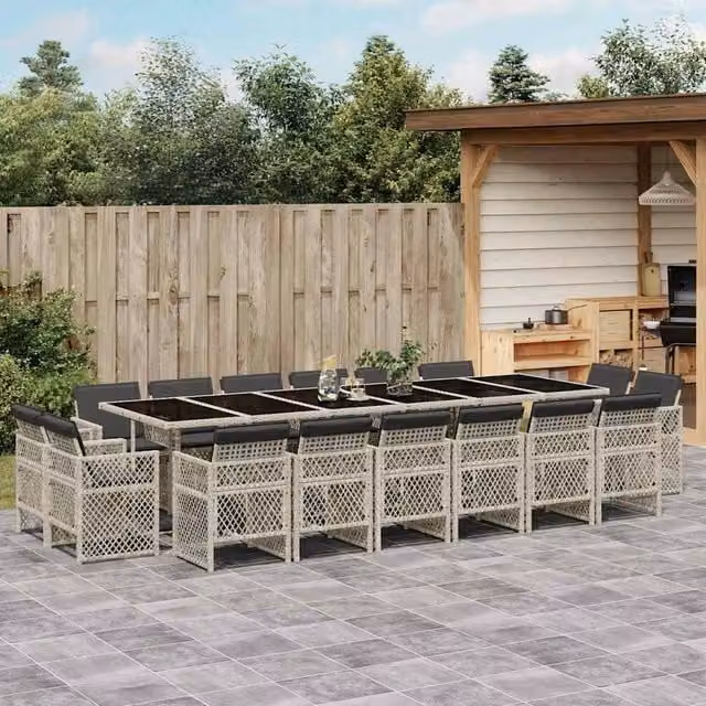 Berkfield Home 17 Piece Modern Grey Poly Rattan Garden Dining Set with Glass Table and Cushions