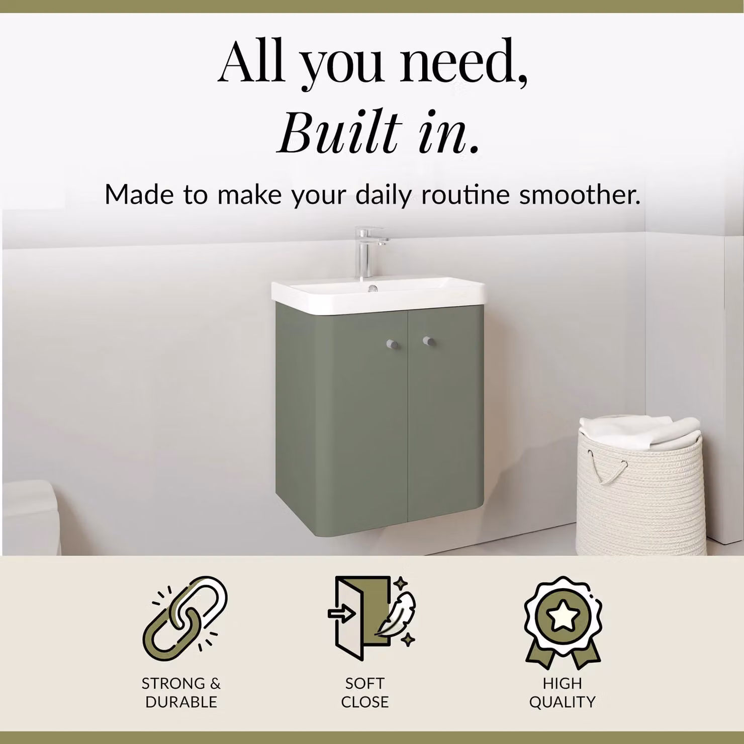 Balterley Modern Wall Hung 2 Door Bathroom Vanity Unit with Basin, Satin Green, W: 50.5 cm – 2