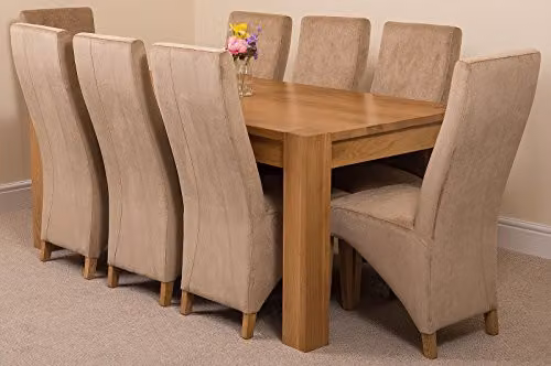 Thats Furniture Kuba Oak Dining Table and 8 Lola Upholstered Beige Fabric Chairs Set, W: 180 cm, D: 90 cm, H: 78 cm – 1